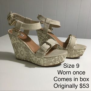 Cream and gold sparkle and lace wedges